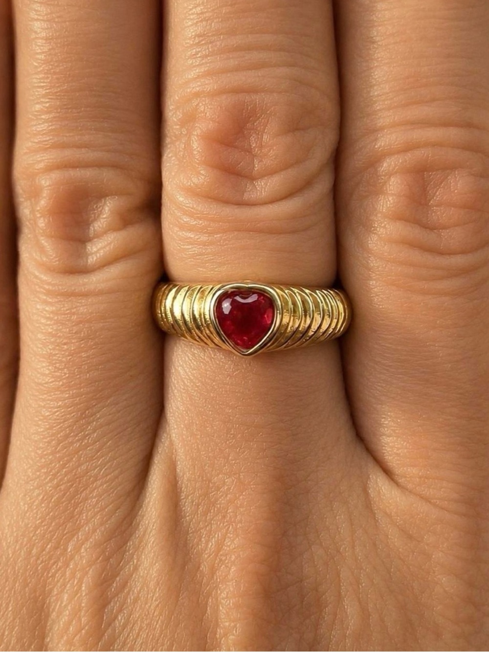 Red Heart Ring – Gold Ribbed Statement Ring – Size 6